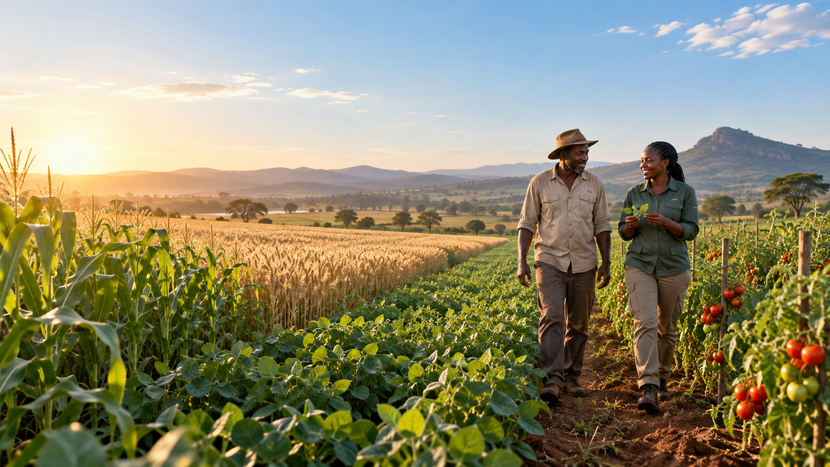 Farmers walking through a productive field