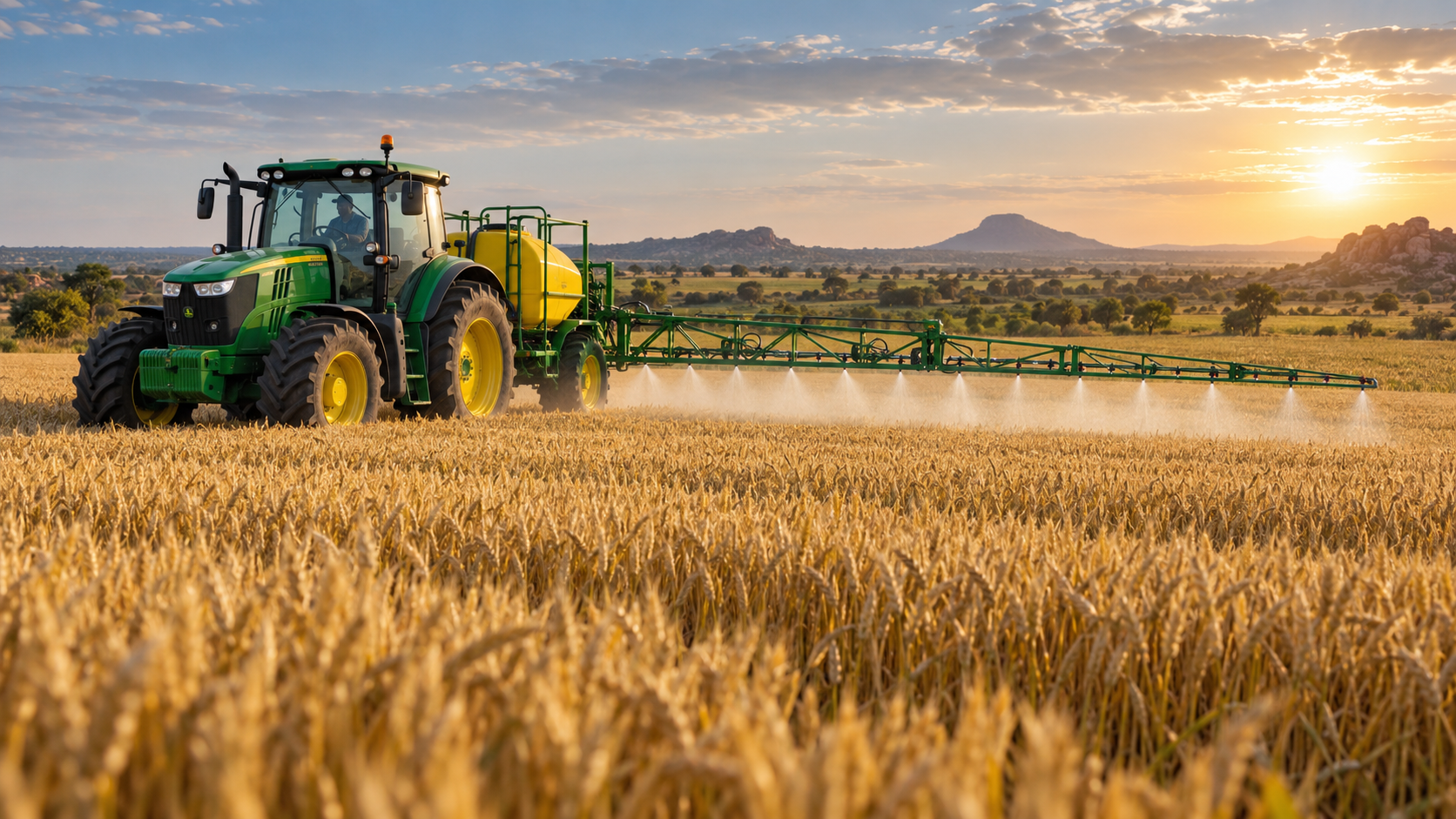 Tractor spraying a wheat field